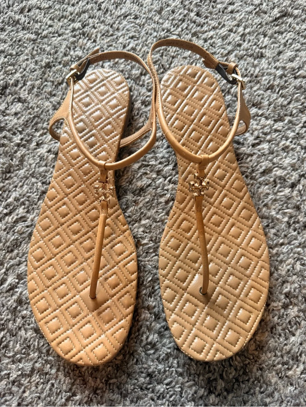 Tory Burch Quilted T-Strap Sandals in Tan with Gold Logo